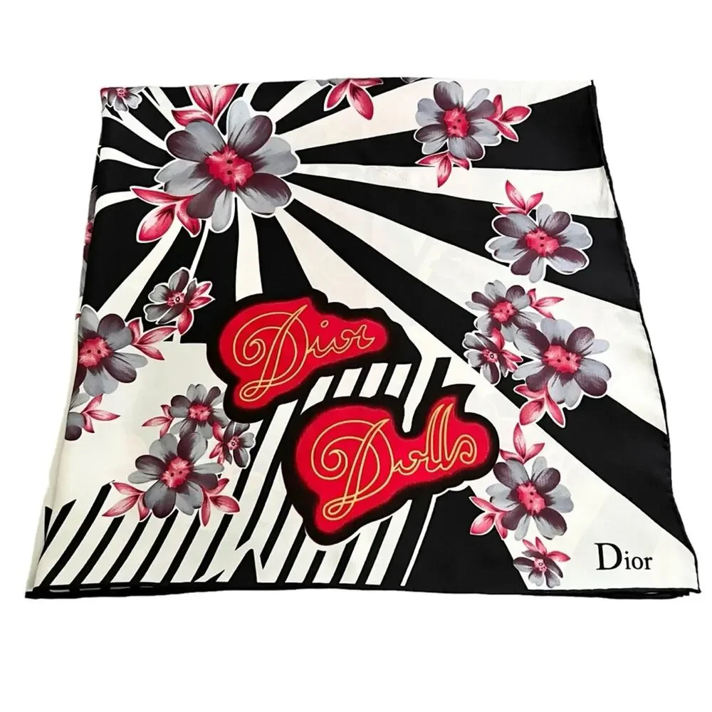 AUTH VTG Christian Dior Dolls Logo Floral Print Silk Large Square Scarf Top